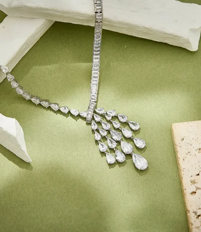 Silver Transparent Pear-Shaped Stone Cascade Baguette-Link Chain Necklace 2