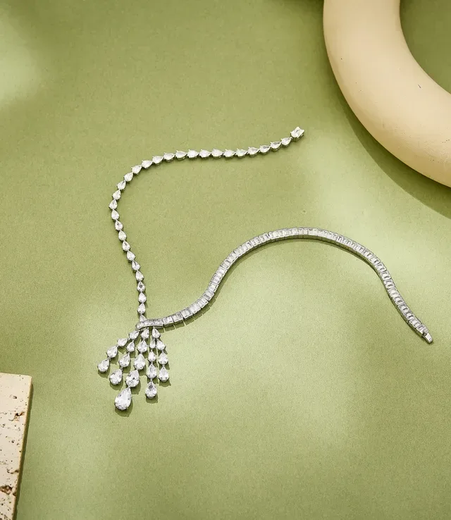 Silver Transparent Pear-Shaped Stone Cascade Baguette-Link Chain Necklace 6