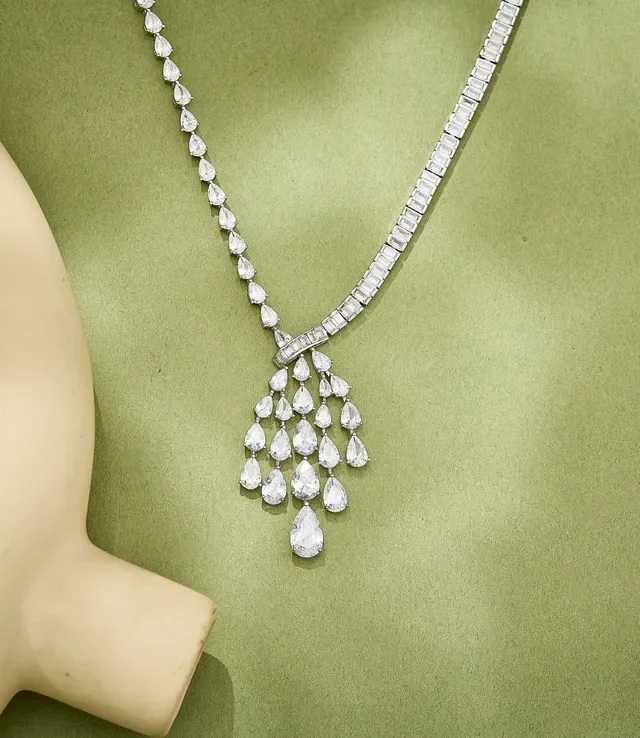 Silver Transparent Pear-Shaped Stone Cascade Baguette-Link Chain Necklace 7