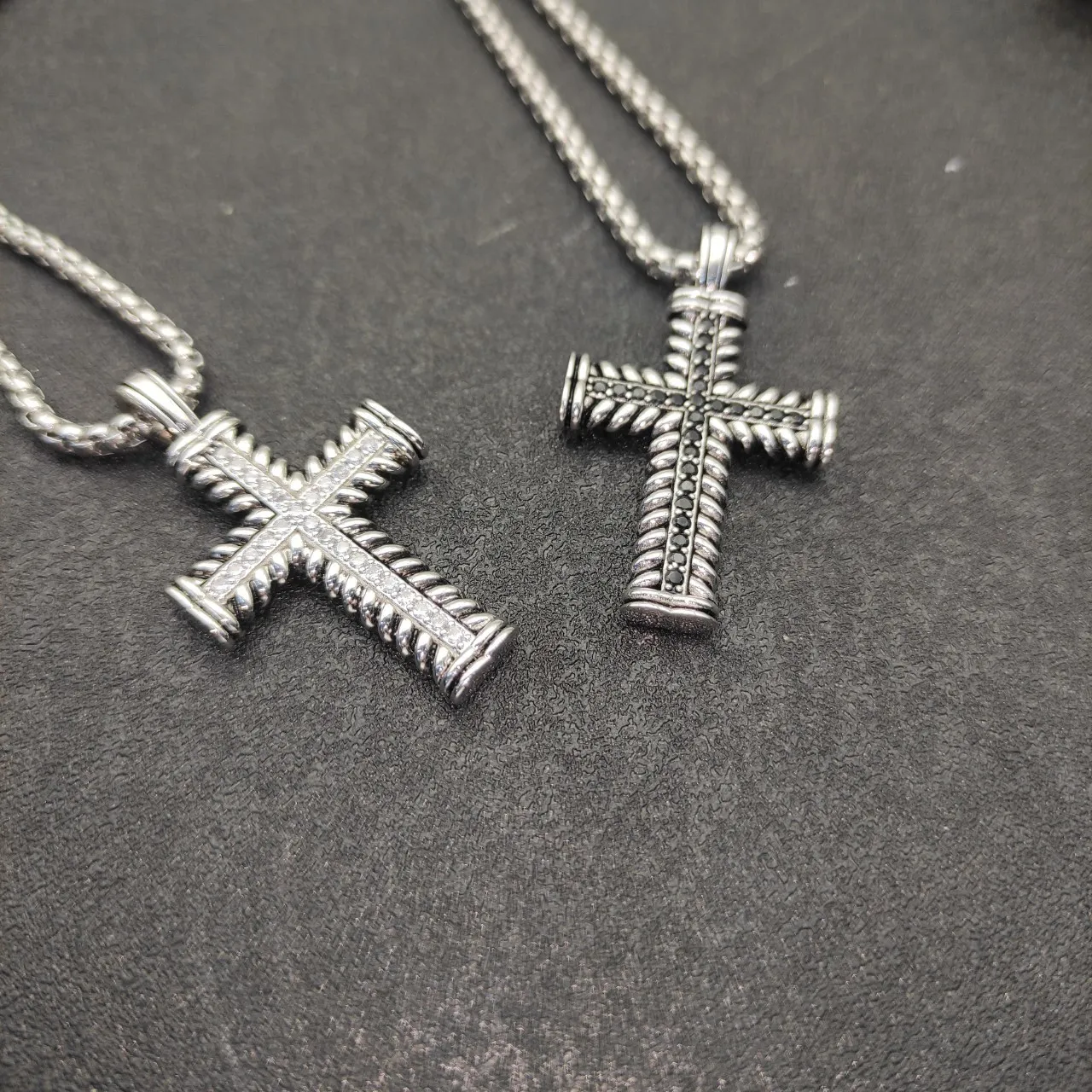 Silver White Cross-Shaped Pendant Twisted Rope-Textured Metal Necklace 2