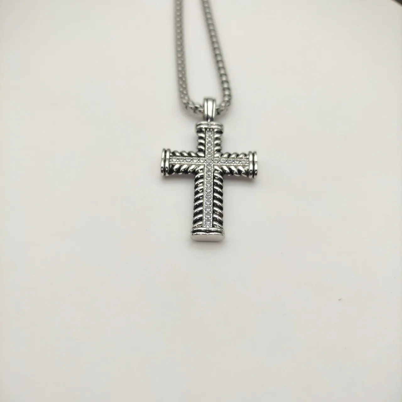 Silver White Cross-Shaped Pendant Twisted Rope-Textured Metal Necklace 3