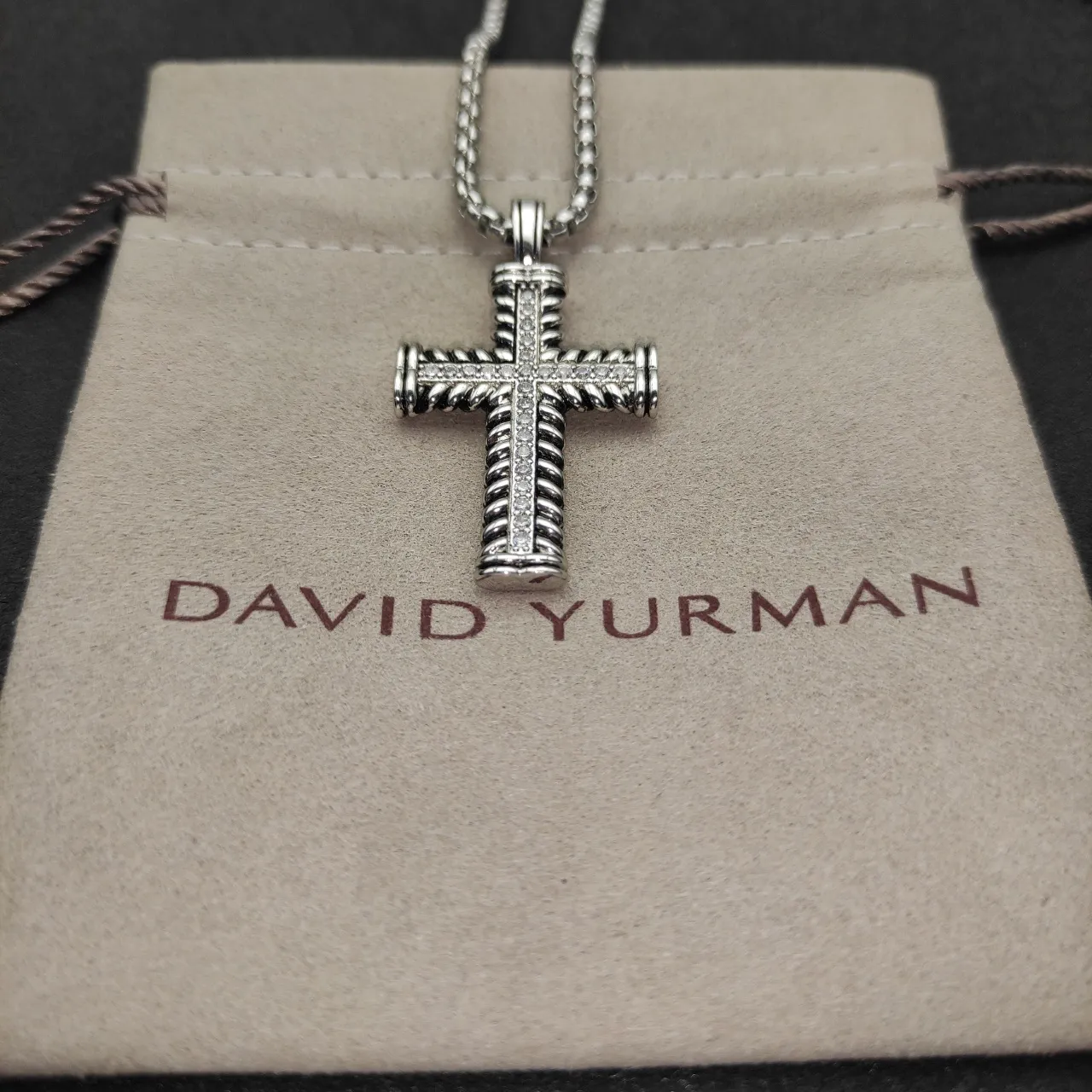 Silver White Cross-Shaped Pendant Twisted Rope-Textured Metal Necklace 6