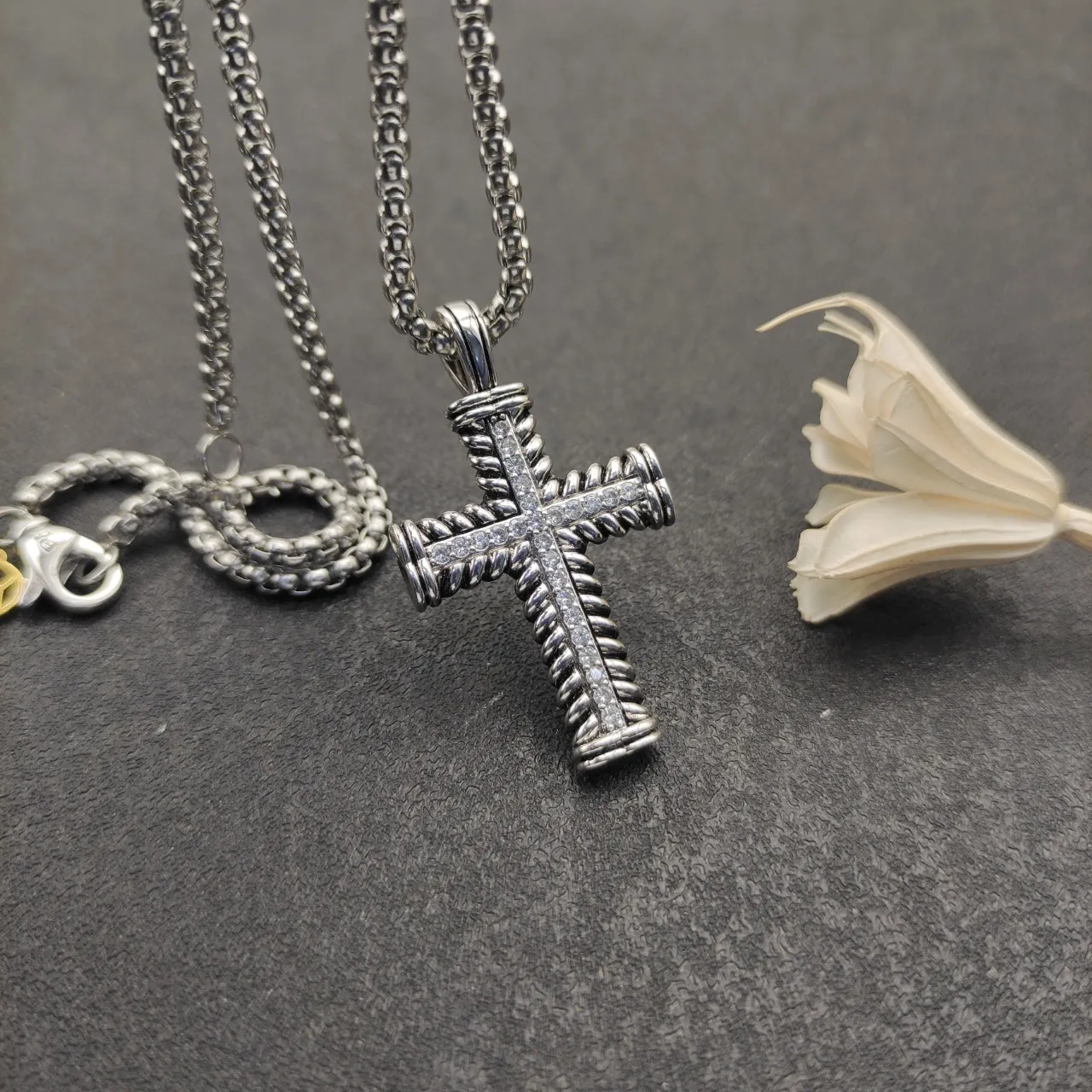 Silver White Cross-Shaped Pendant Twisted Rope-Textured Metal Necklace 7