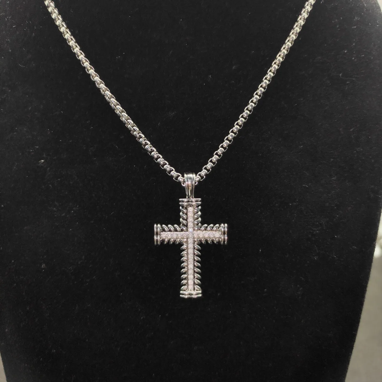 Silver White Cross-Shaped Pendant Twisted Rope-Textured Metal Necklace 9