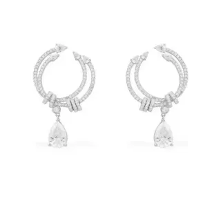 Silver White Double-Hoop Design Pavé-Set Stones Earrings