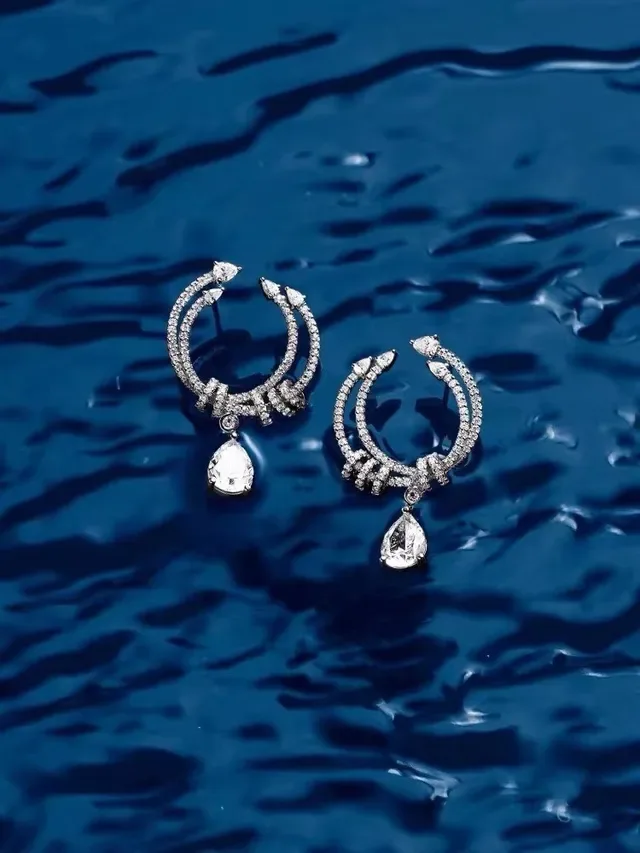 Silver White Double-Hoop Design Pavé-Set Stones Earrings 3
