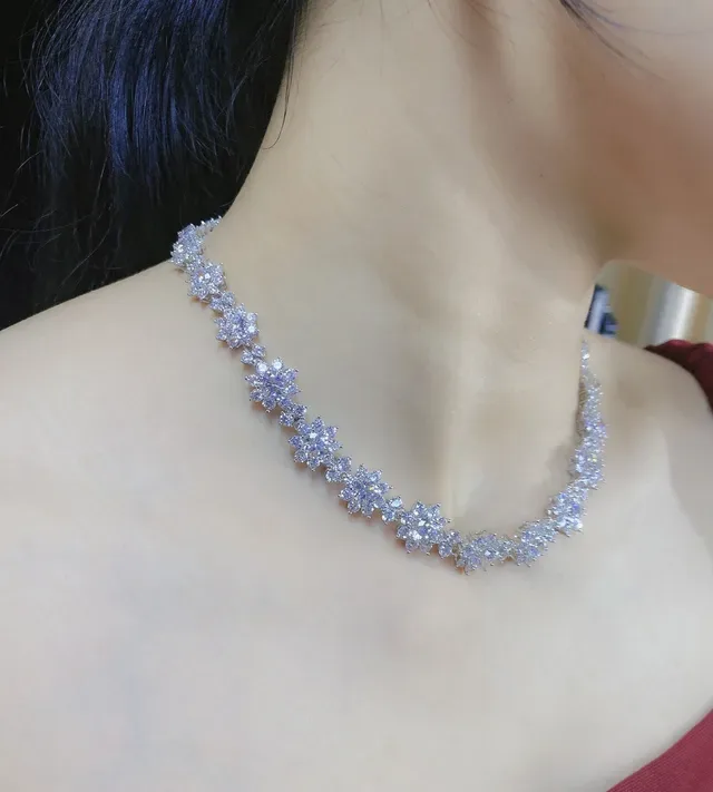 Silver White Floral Cluster Motif Multi-Stone Pave Setting Necklace 3