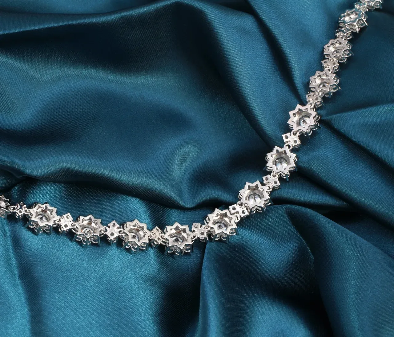 Silver White Floral Cluster Motif Multi-Stone Pave Setting Necklace 5