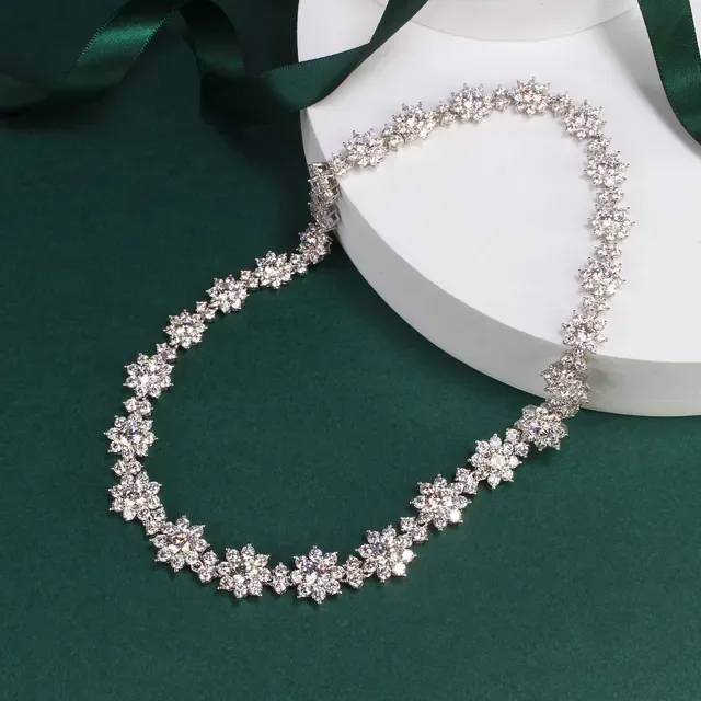 Silver White Floral Cluster Motif Multi-Stone Pave Setting Necklace 8