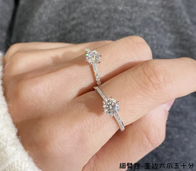 Silver White Six-Prong Solitaire Pavé-Set Shoulders Ring 3