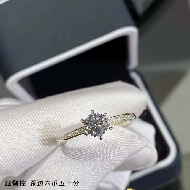Silver White Six-Prong Solitaire Pavé-Set Shoulders Ring 5
