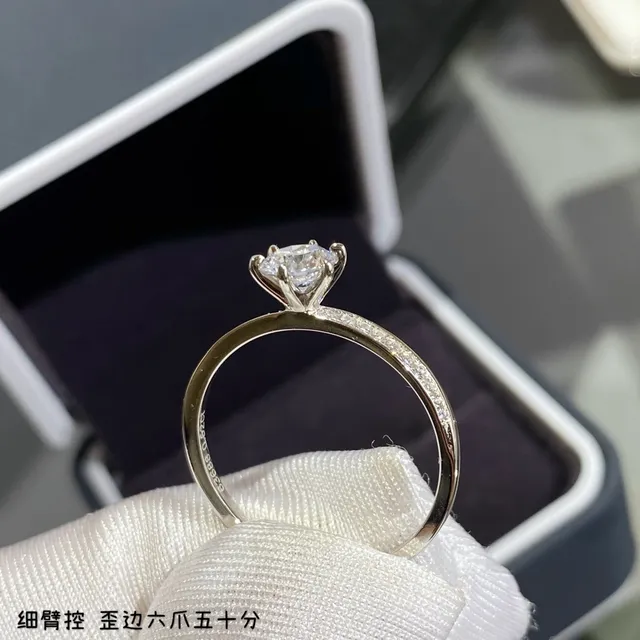 Silver White Six-Prong Solitaire Pavé-Set Shoulders Ring 6