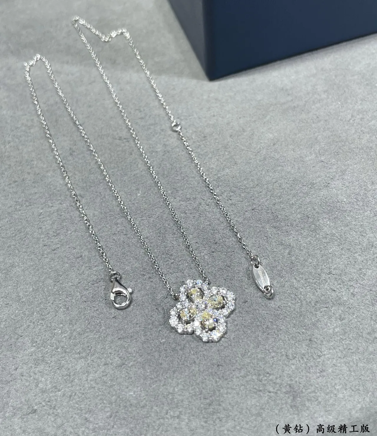 Silver Yellow Floral Quatrefoil Pendant Pave-Set Clear Stones Necklace 5