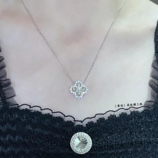 Silver Yellow Floral Quatrefoil Pendant Pave-Set Clear Stones Necklace 9
