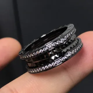 Stacked Pavé Crystal and Faceted Pyramid Black Ring