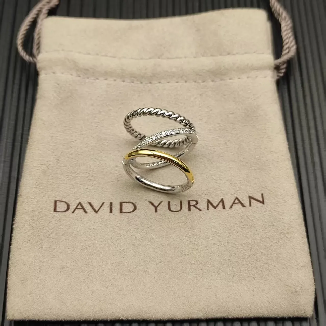Stacked Twist Rope Pavé Diamond Smooth Gold Rings 2