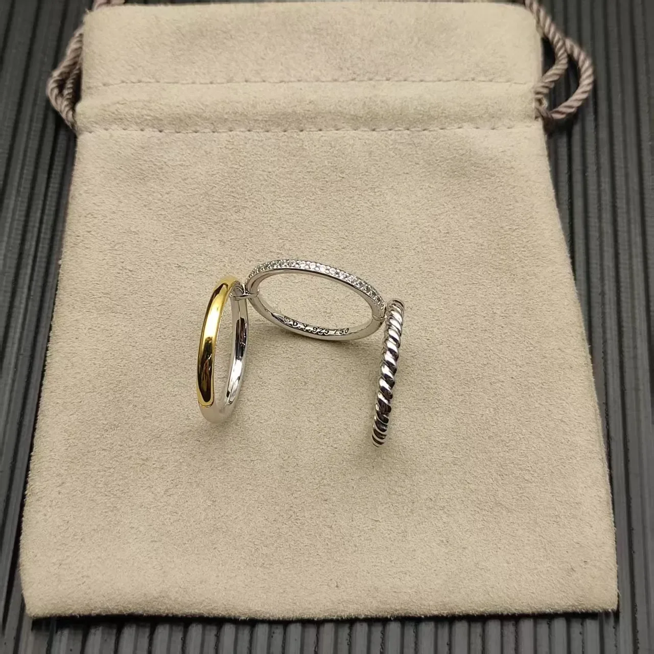 Stacked Twist Rope Pavé Diamond Smooth Gold Rings 3