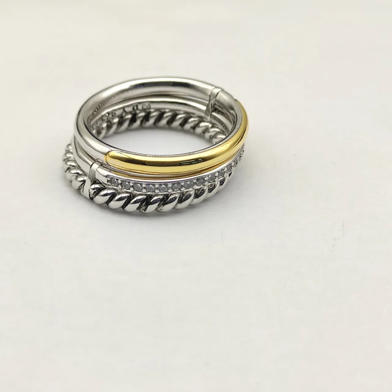 Stacked Twist Rope Pavé Diamond Smooth Gold Rings 6