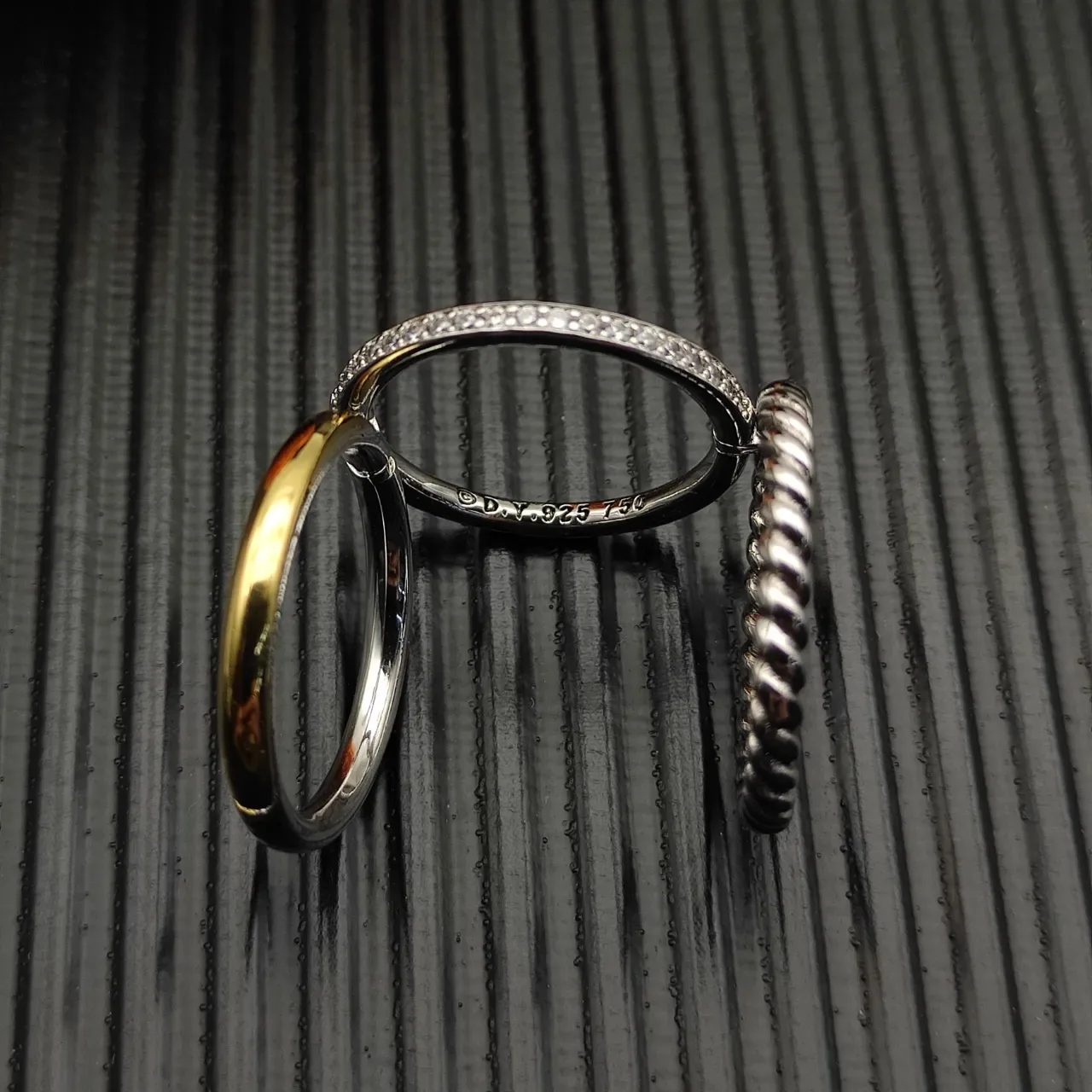 Stacked Twist Rope Pavé Diamond Smooth Gold Rings 8
