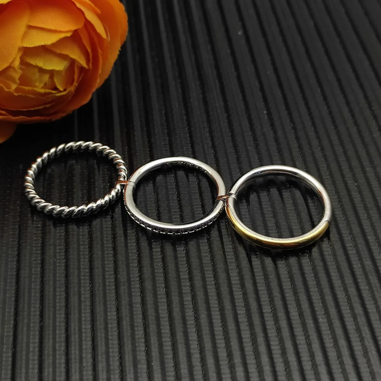 Stacked Twist Rope Pavé Diamond Smooth Gold Rings 9