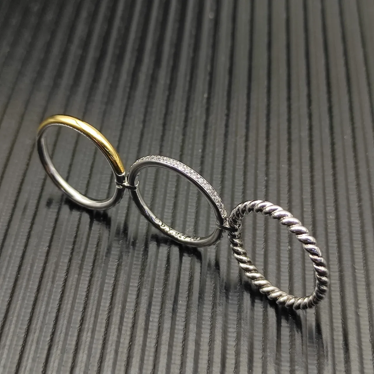 Stacked Twist Rope Pavé Diamond Smooth Gold Rings 10
