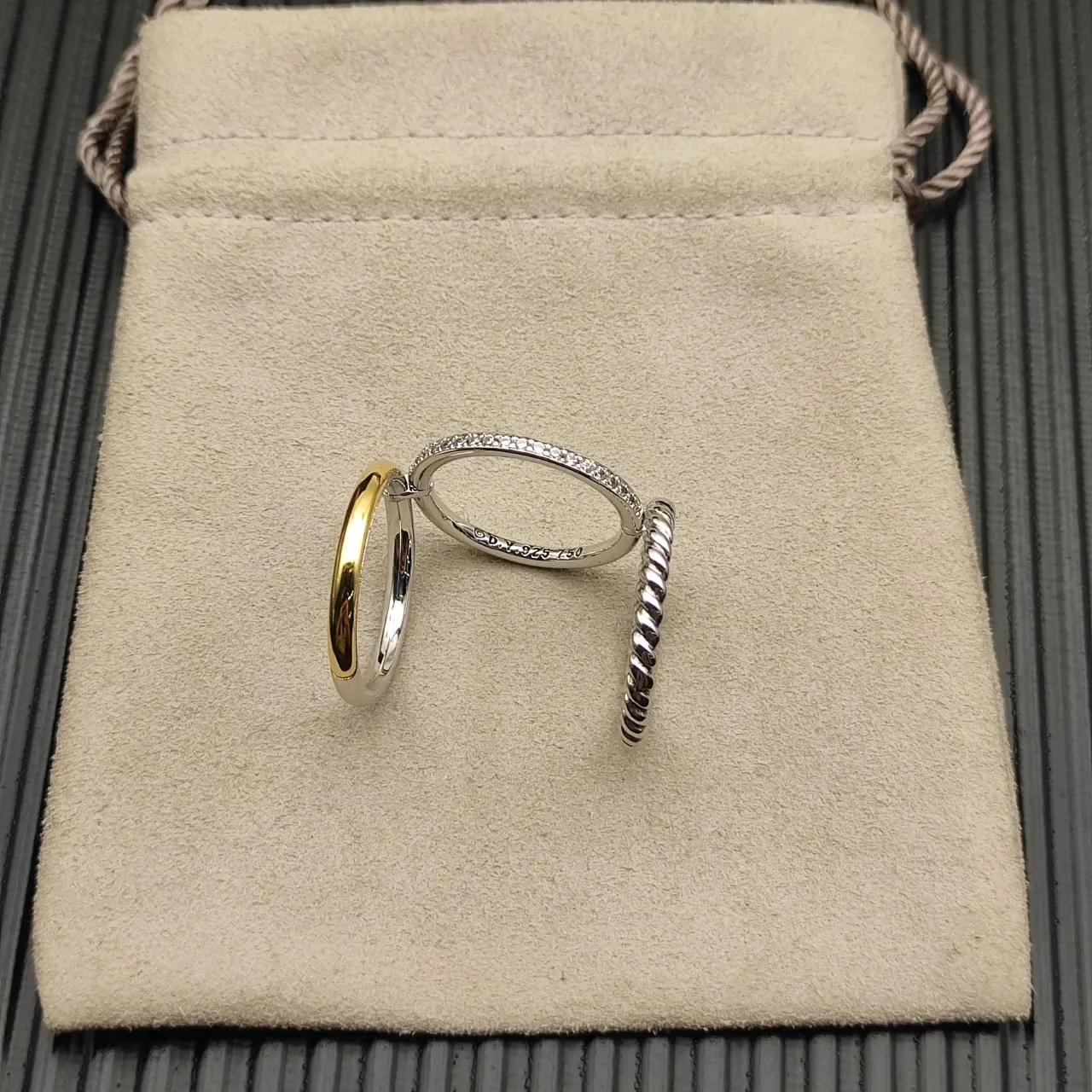 Stacked Twist Rope Pavé Diamond Smooth Gold Rings 11