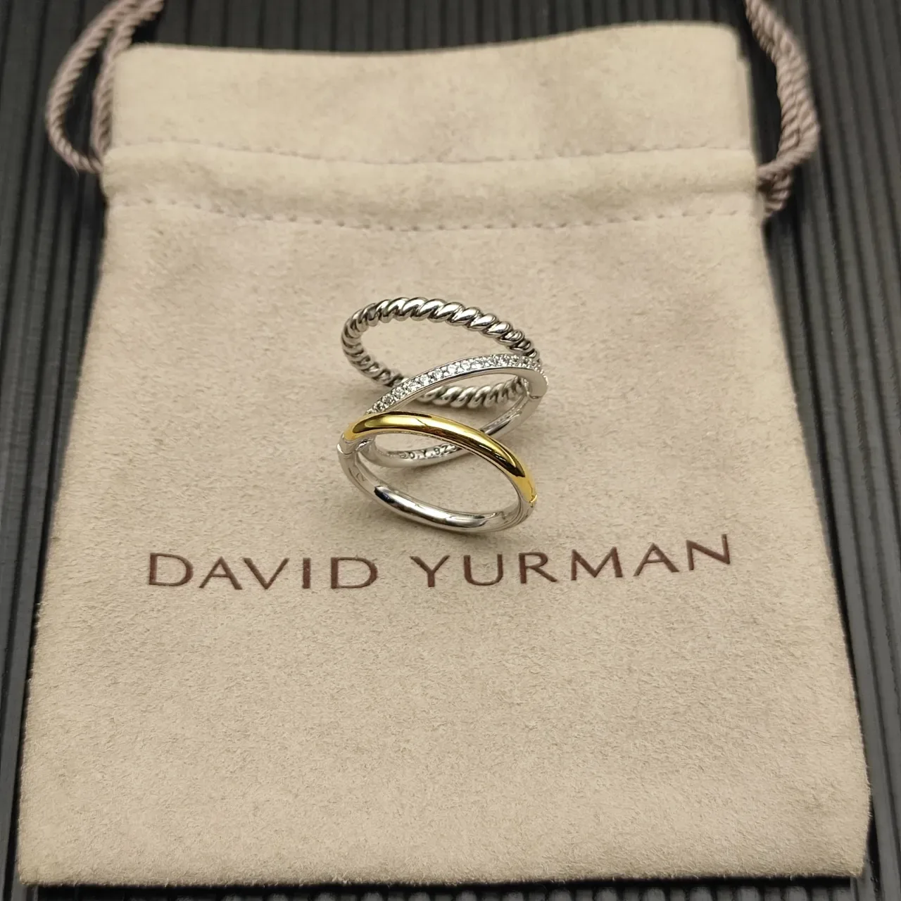 Stacked Twist Rope Pavé Diamond Smooth Gold Rings 12