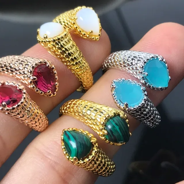 Textured Scale Band Cabochon Gemstone Rings 2