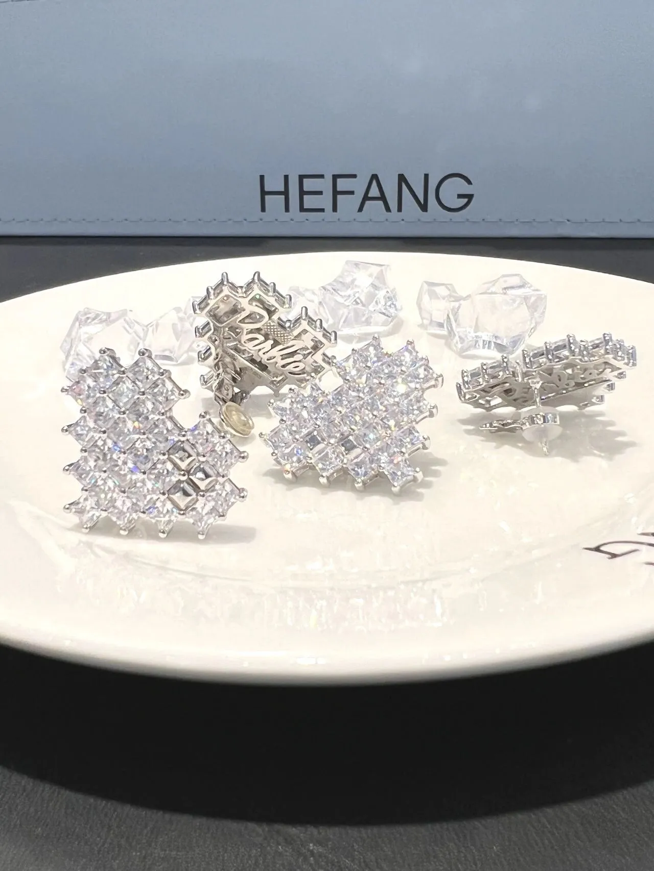 Transparent Silver Clustered Square-Cut Crystals Geometric Snowflake-Like Layout Earrings 6