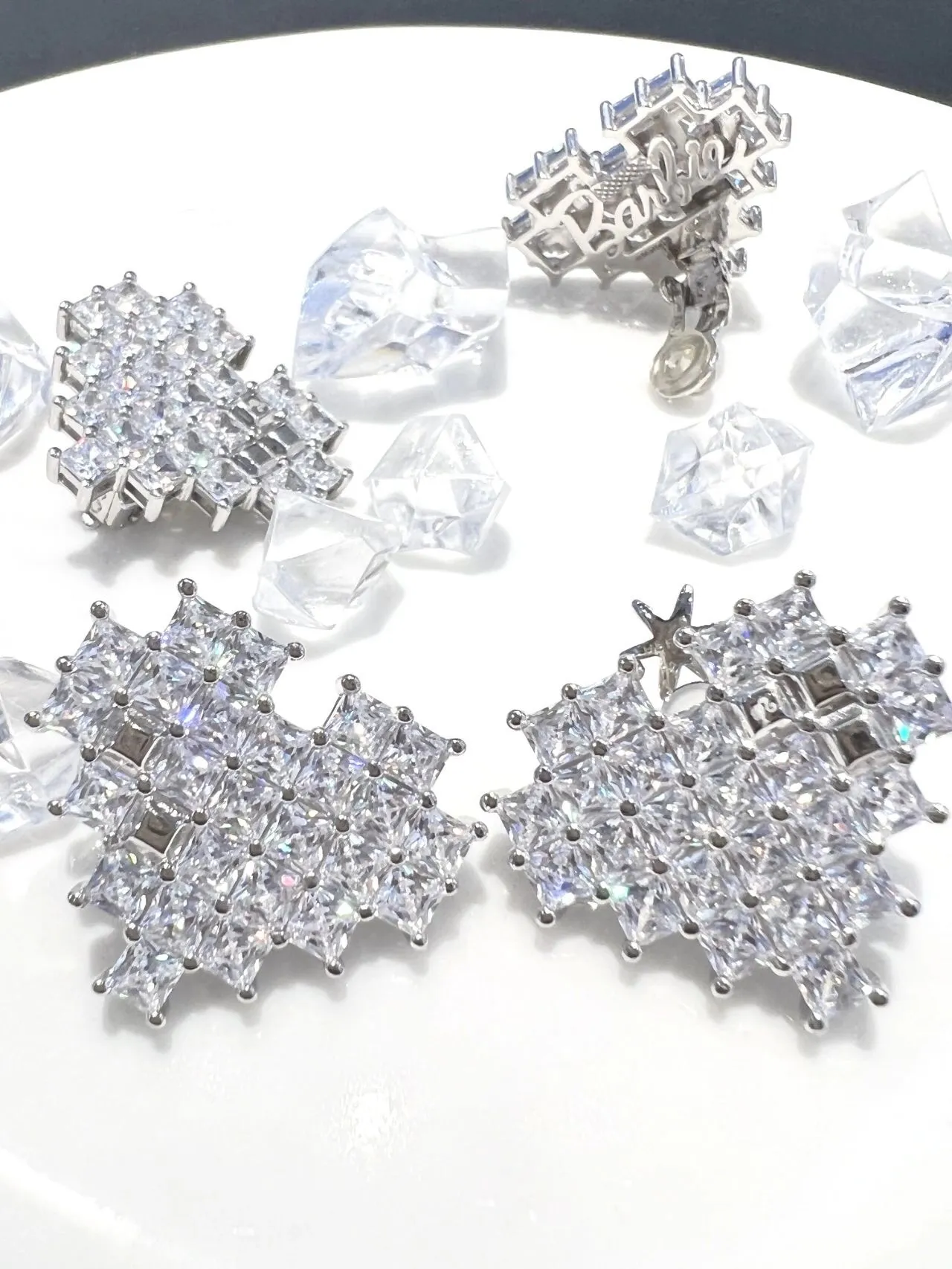Transparent Silver Clustered Square-Cut Crystals Geometric Snowflake-Like Layout Earrings 8