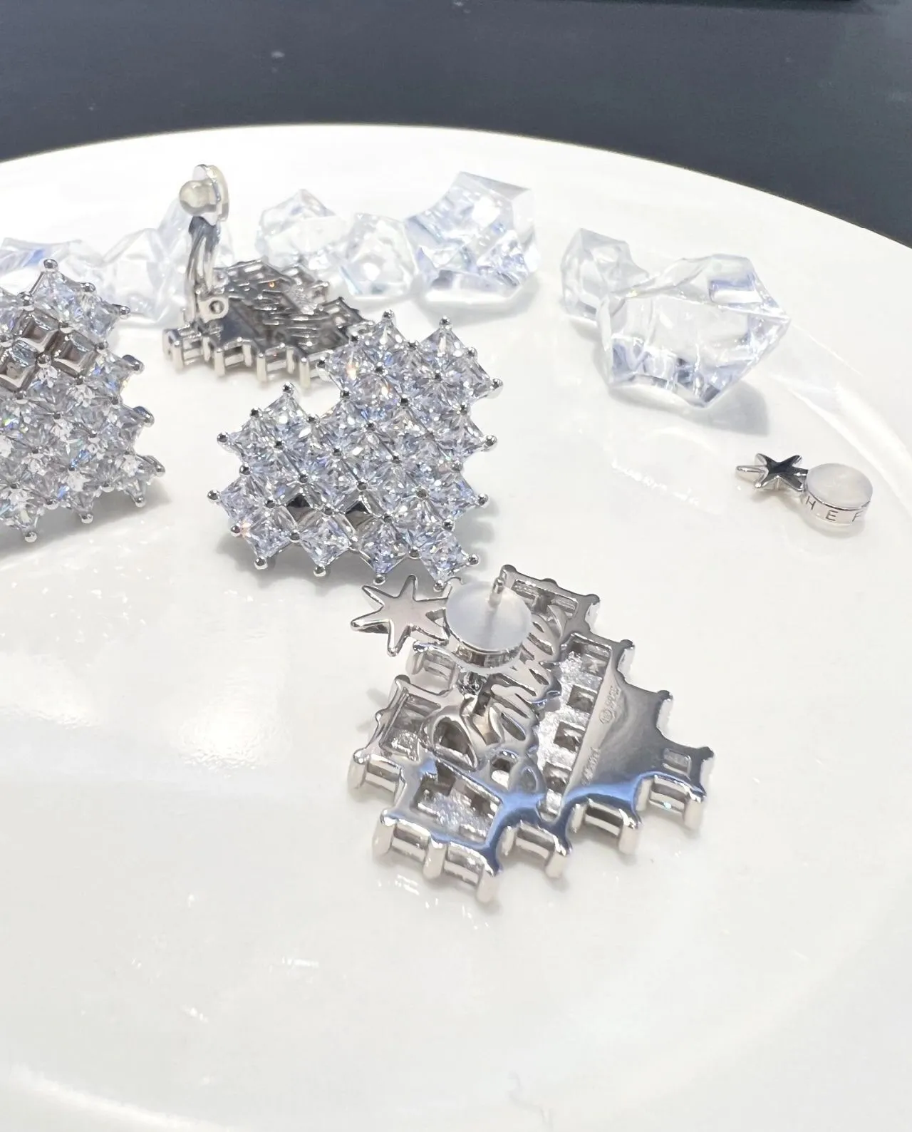Transparent Silver Clustered Square-Cut Crystals Geometric Snowflake-Like Layout Earrings 9