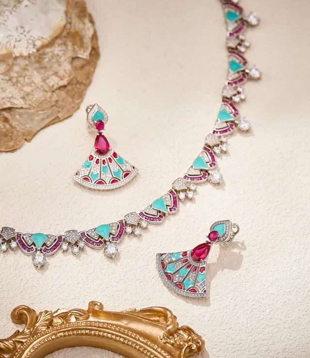 Turquoise and Pink Gemstone Geometric Pavé Choker Necklace 4