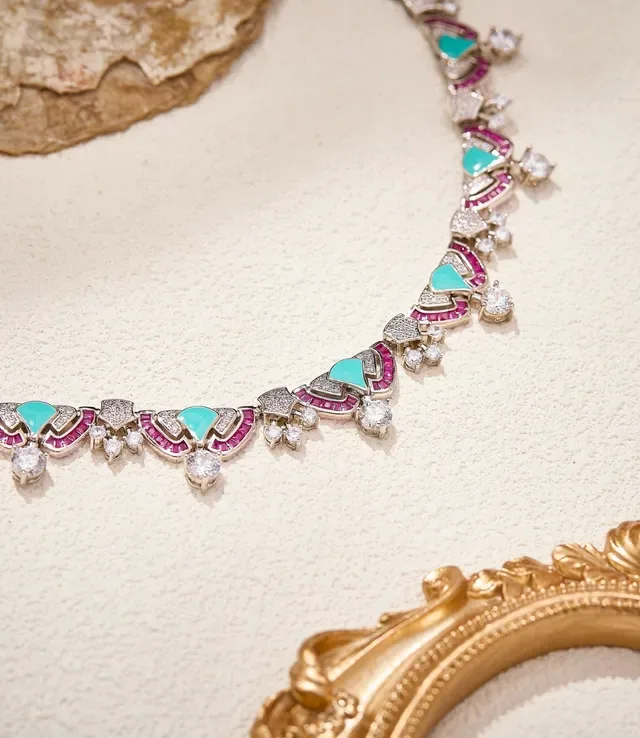 Turquoise and Pink Gemstone Geometric Pavé Choker Necklace 5