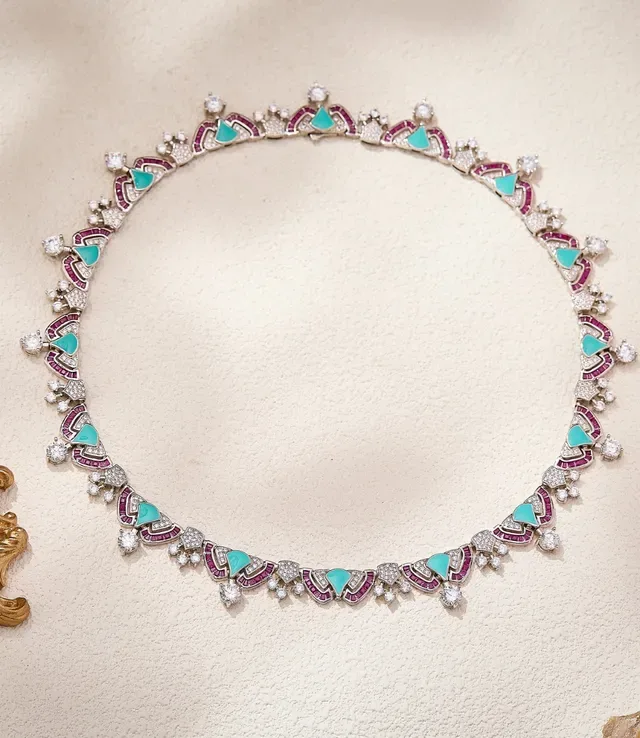 Turquoise and Pink Gemstone Geometric Pavé Choker Necklace 6