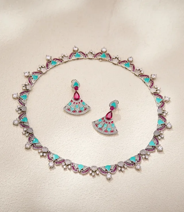 Turquoise and Pink Gemstone Geometric Pavé Choker Necklace 7