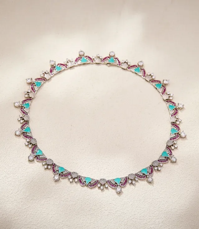 Turquoise and Pink Gemstone Geometric Pavé Choker Necklace 8