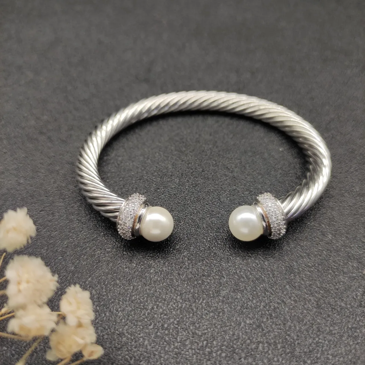 Twisted Cable Pearl-End Pavé Crystal Open Bangle Bracelet 5