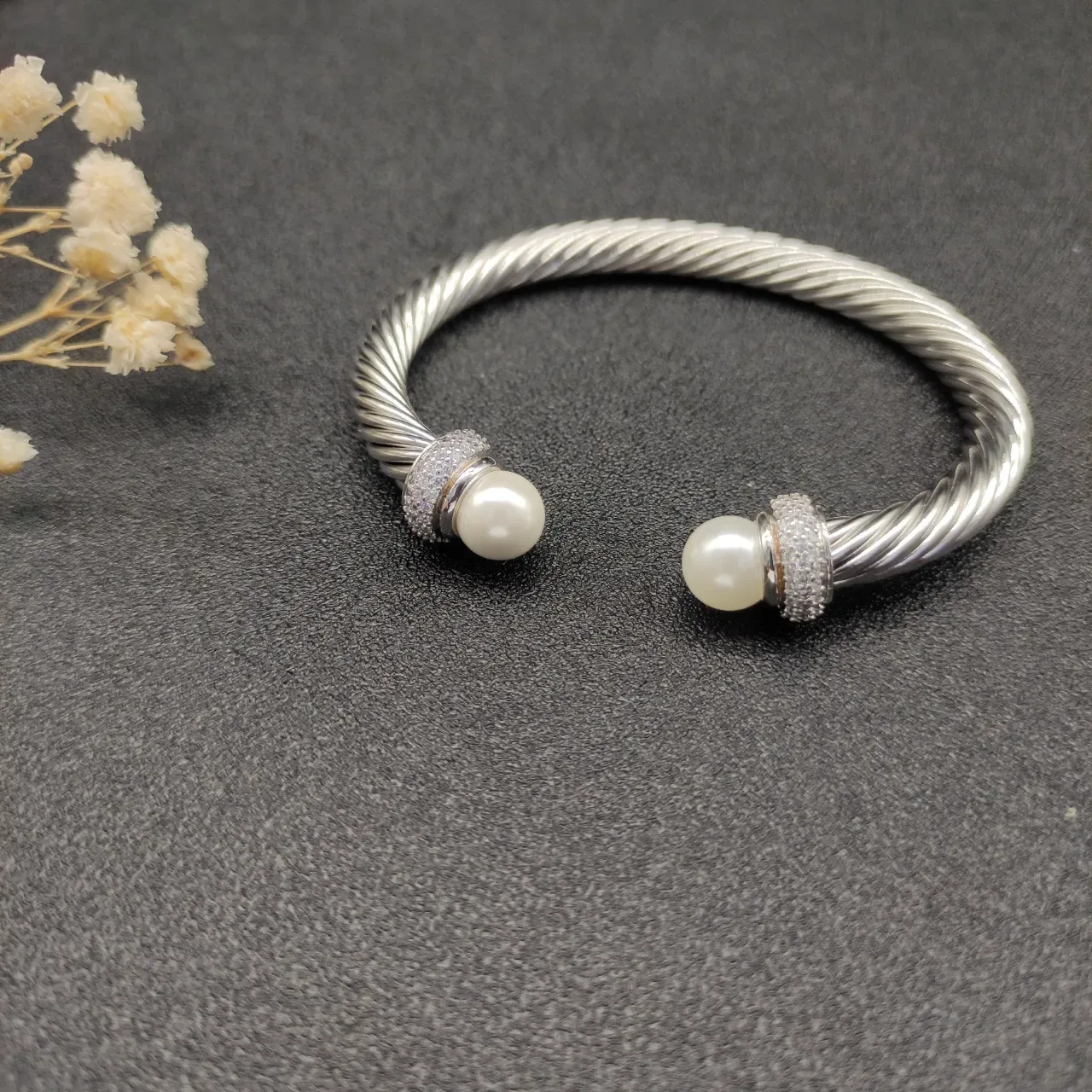 Twisted Cable Pearl-End Pavé Crystal Open Bangle Bracelet 6