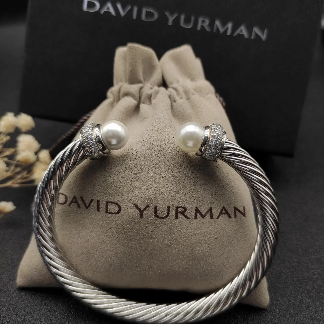 Twisted Cable Pearl-End Pavé Crystal Open Bangle Bracelet 8