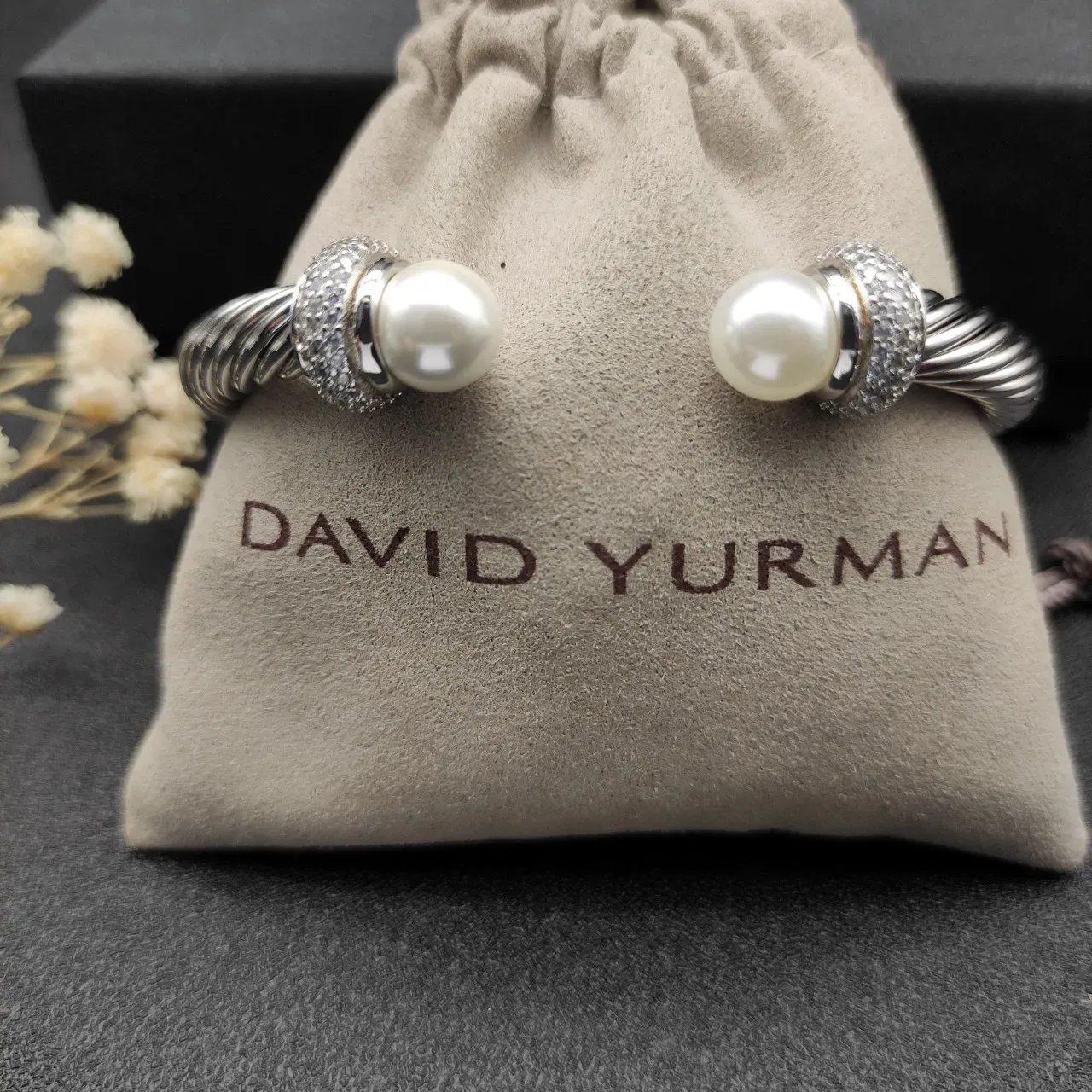 Twisted Cable Pearl-End Pavé Crystal Open Bangle Bracelet 9