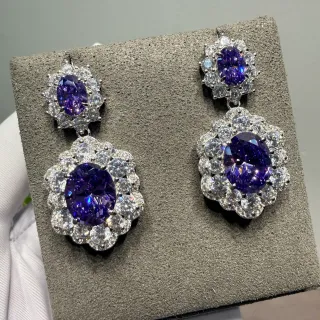 Two-Tier Floral Halo Oval Purple Gemstone Earrings