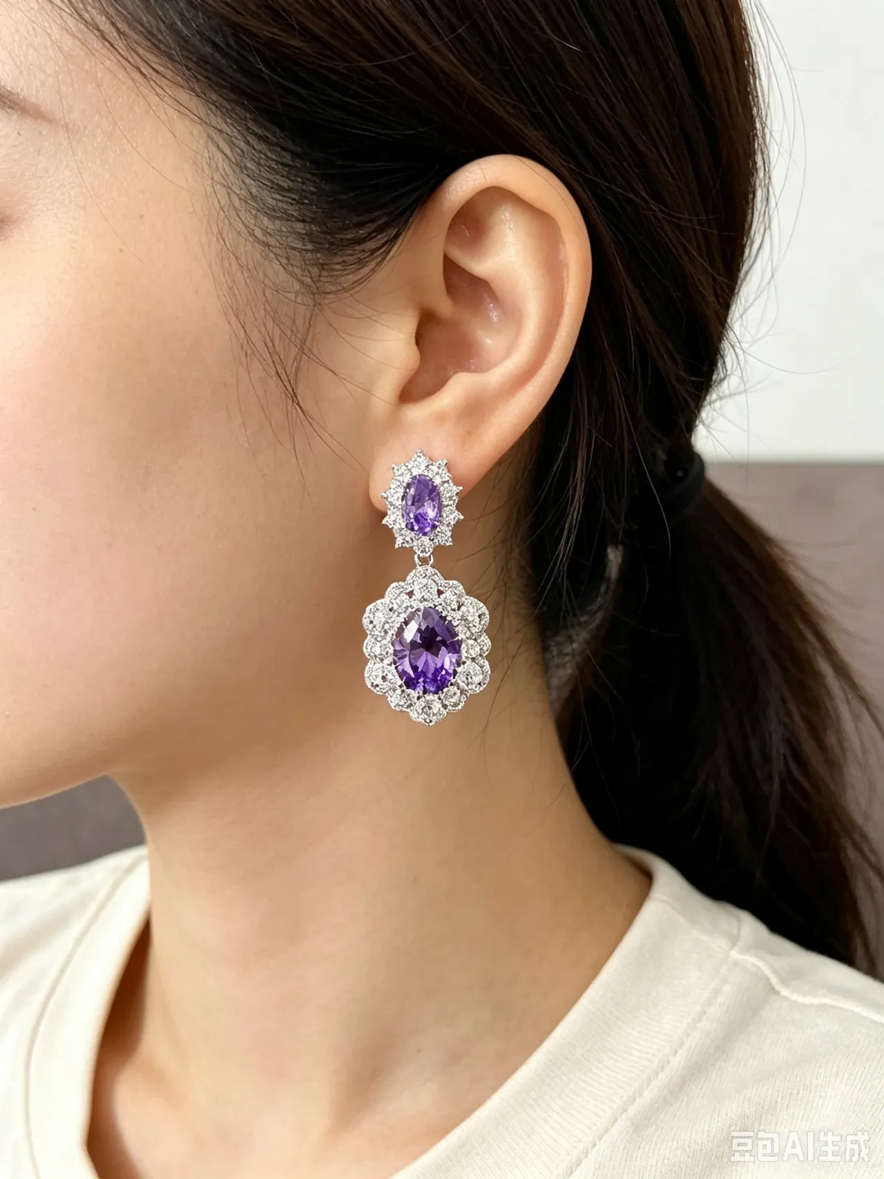 Two-Tier Floral Halo Oval Purple Gemstone Earrings 2