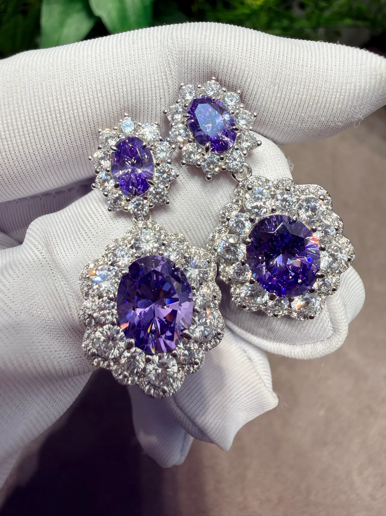 Two-Tier Floral Halo Oval Purple Gemstone Earrings 3