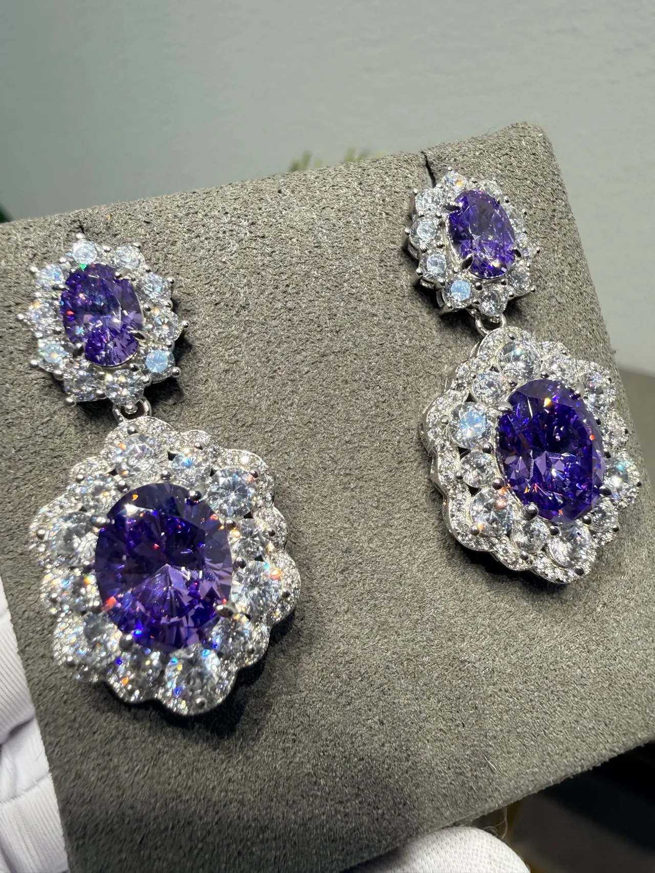 Two-Tier Floral Halo Oval Purple Gemstone Earrings 5