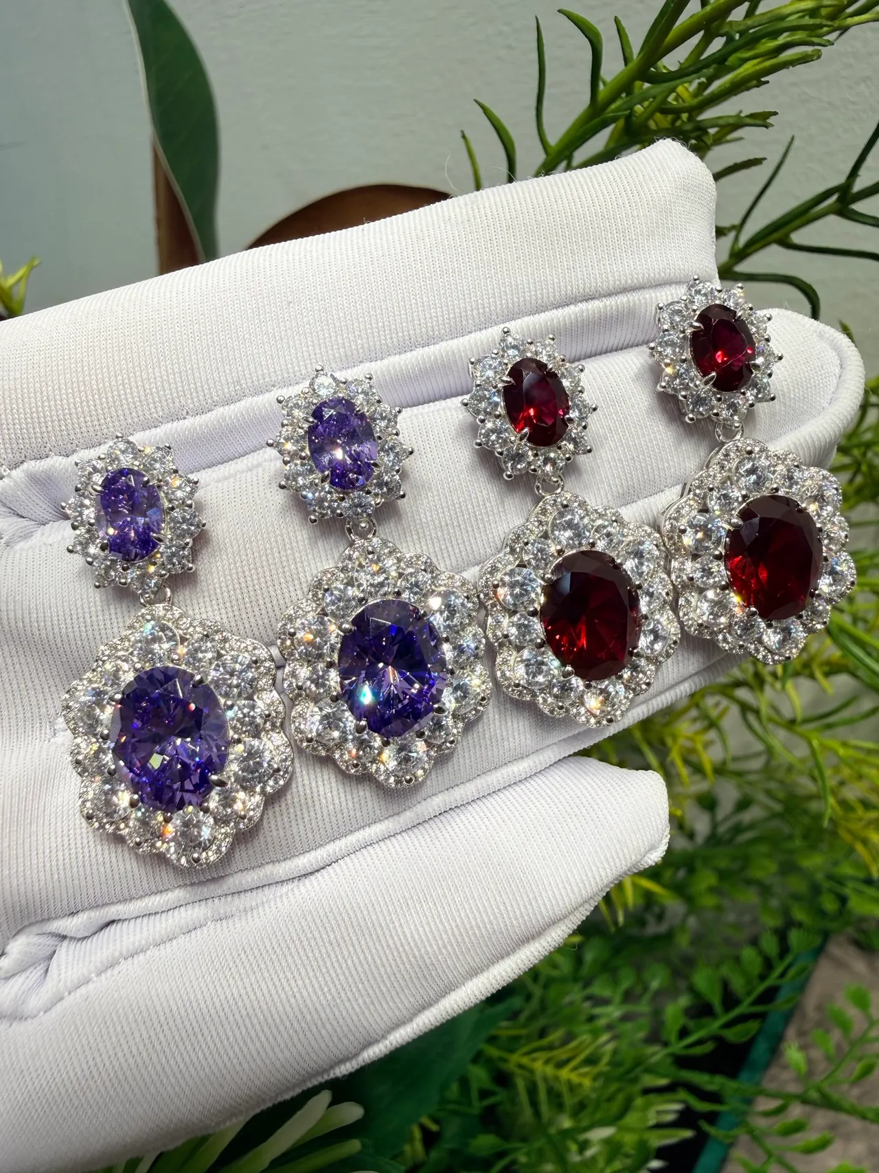 Two-Tier Floral Halo Oval Purple Gemstone Earrings 6
