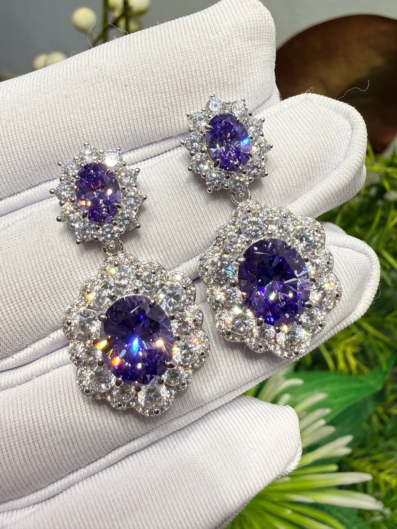 Two-Tier Floral Halo Oval Purple Gemstone Earrings 7