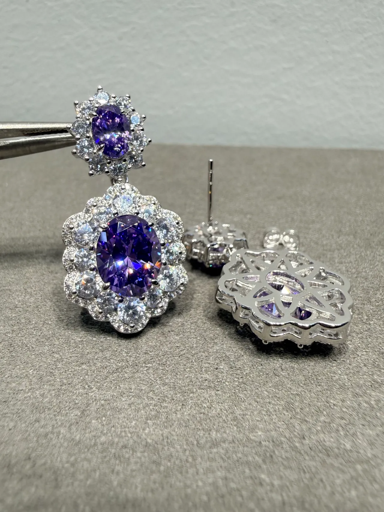 Two-Tier Floral Halo Oval Purple Gemstone Earrings 8