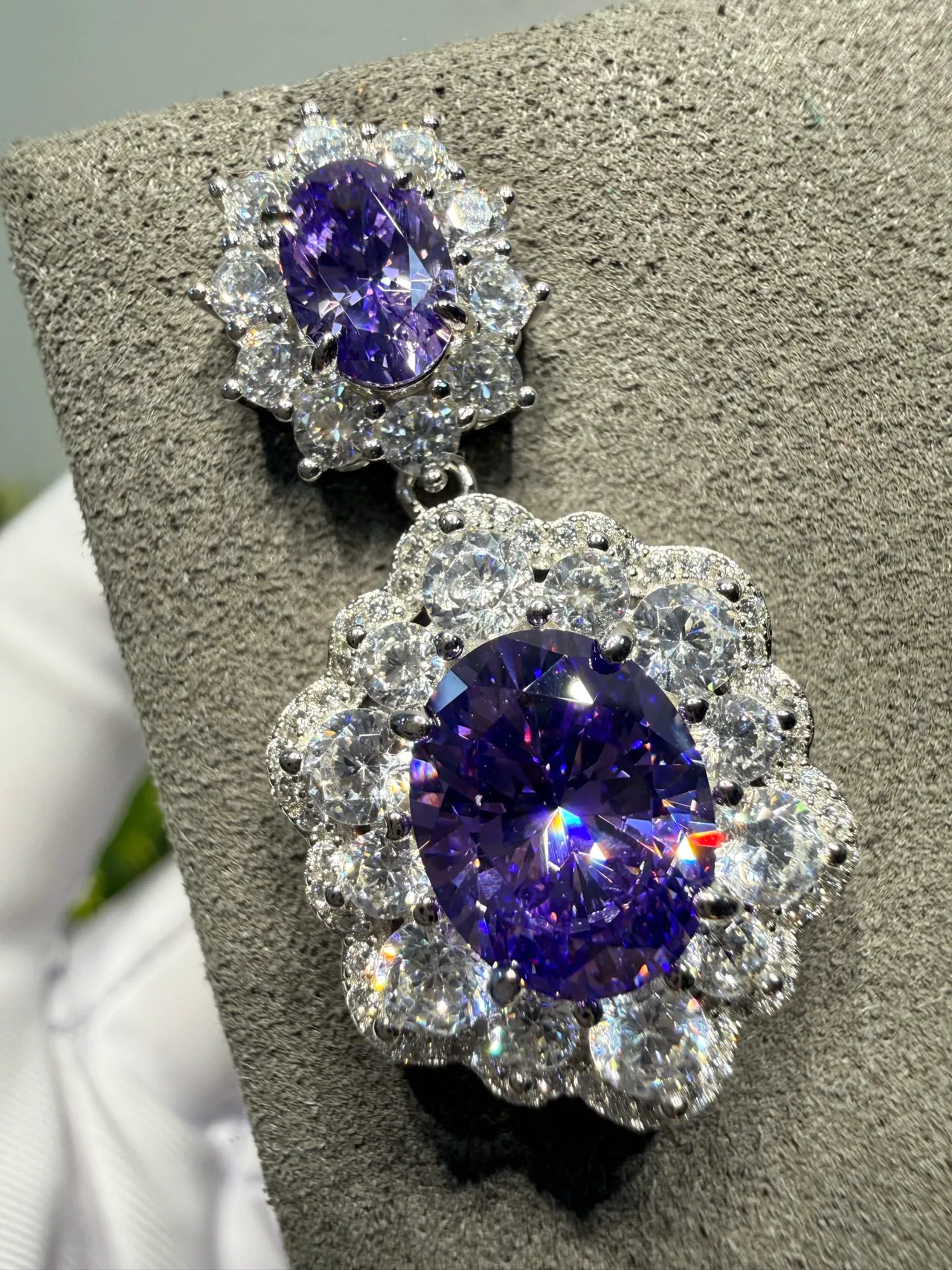 Two-Tier Floral Halo Oval Purple Gemstone Earrings 9