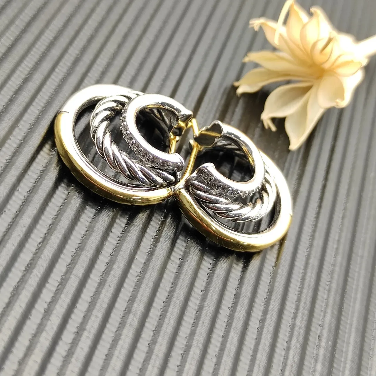 Two-Tone Twisted Rope Pavé Hoop Earrings 3