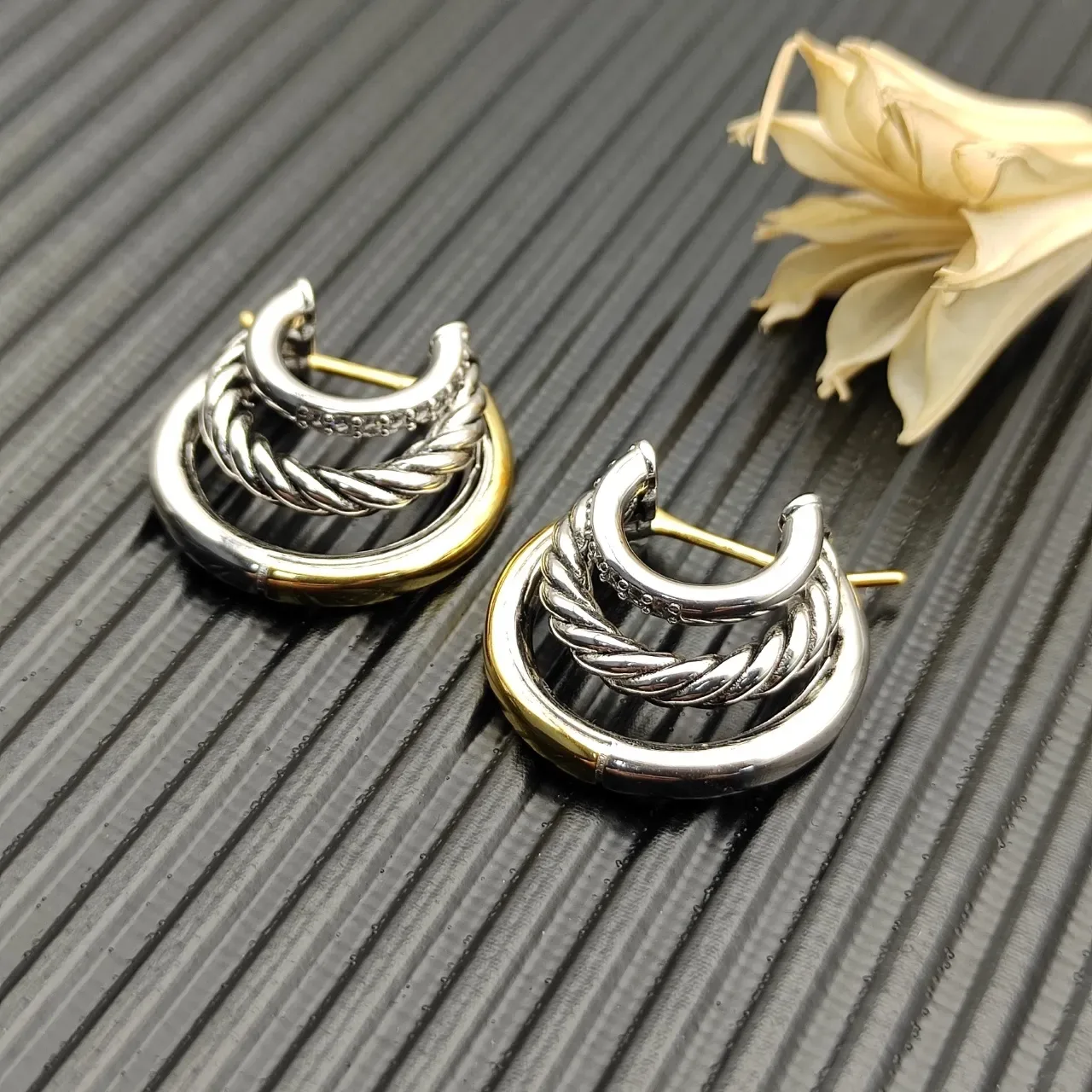 Two-Tone Twisted Rope Pavé Hoop Earrings 4